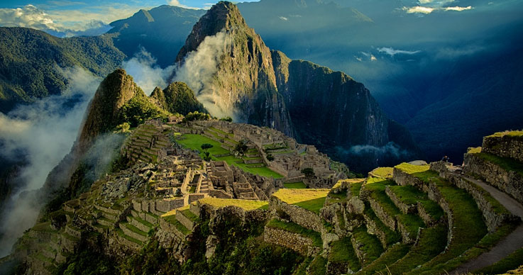 Ancient Incan citadel of Machu Picchu in the Andes mountains
